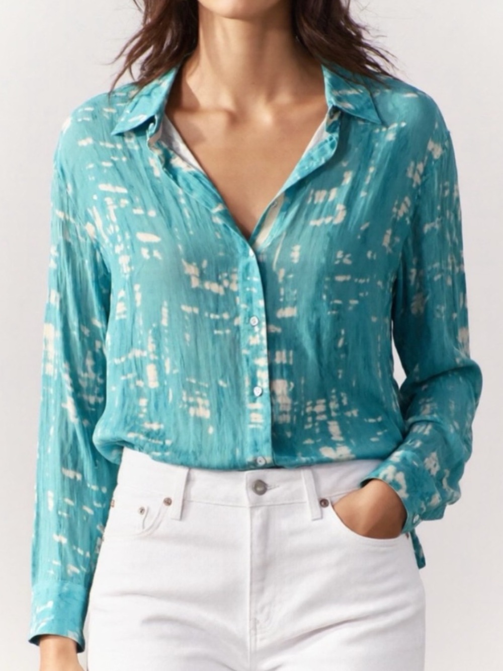 NWT NIC+ZOE Teal and White Button-Front Tie-Dye Blouse (013)